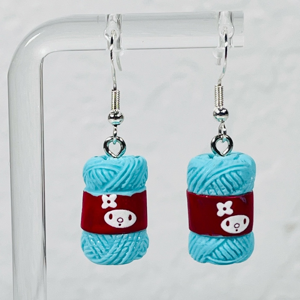 Cute Yarn Ball Earrings Blue Knit Crochet Lover Dangle Kawaii